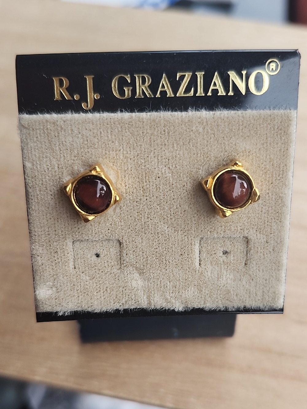 R.J. Graziano Gold-Tone Earrings with Brown Cabochon